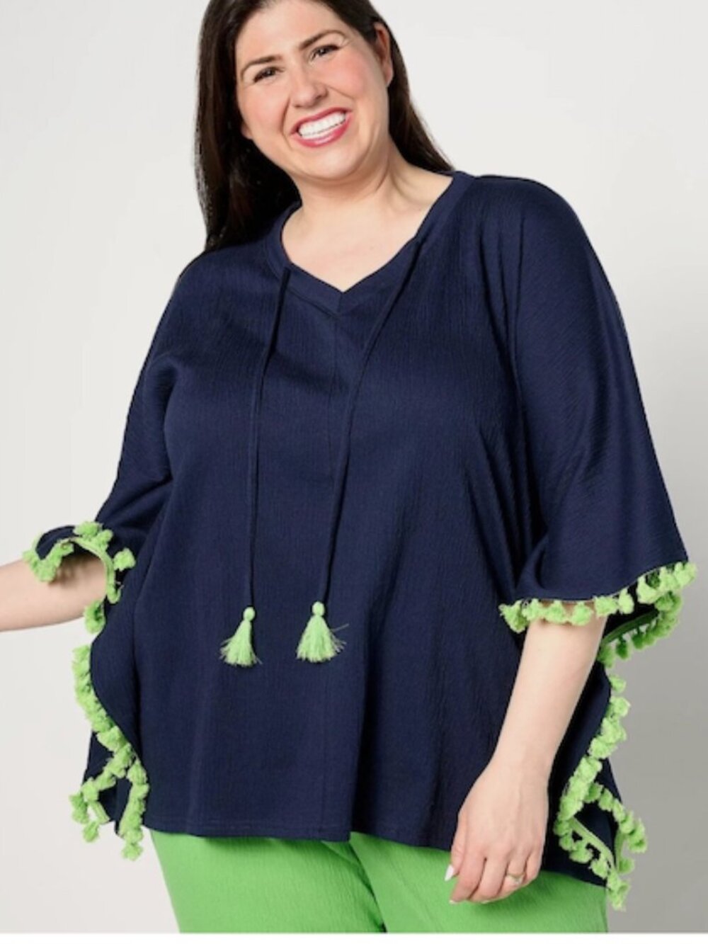 Belle by Kim Gravel Navy & Lime Green Tassel Poncho Top XL Oversized like new